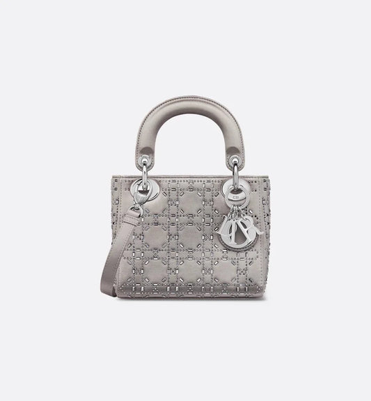 Dior Mini Lady Dior Gray Strass Cannage Satin